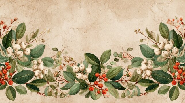 Hand-drawn mistletoe floral border for holiday design in antique watercolor style