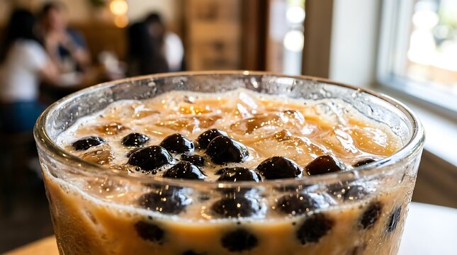 Glass filled with iced milk tea and black tapioca pearls. Refreshing cold boba drink in a cafe. Sweet beverage with chewy balls for dessert or snack. Close up of summer refreshment.