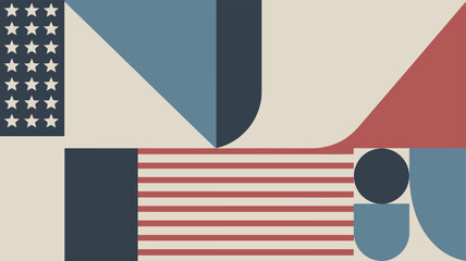 Abstract geometric representation of the American flag with stars and stripes in a modern minimalist design. © blu