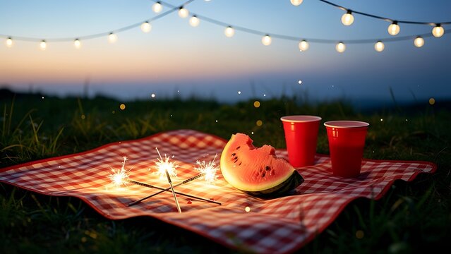 Picnic setup on a red checkered blanket with glowing sparklers and a slice of watermelon at night. Festive outdoor celebration with fairy lights. Summer holiday party evening concept.