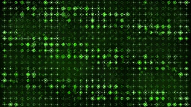 Abstract green digital matrix data rain background. Glowing neon tech squares blinking on grid screen, futuristic cybersecurity and information stream network motion graphic