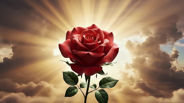 A single red rose with water droplets, bathed in radiant golden light