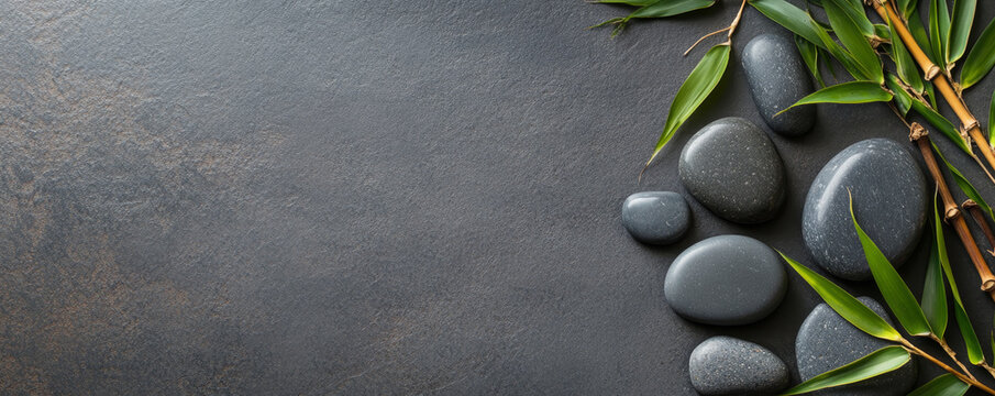 Zen Hot Stones with Bamboo on a Textured Slate Background