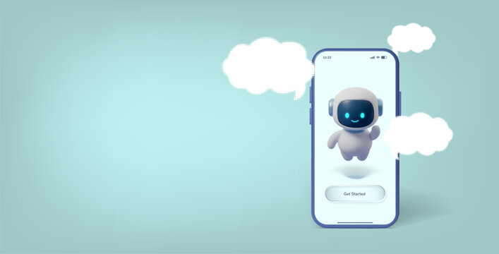 Robot chatbot ai and 3d phone button with text chat ui. Effect mockup character and speech mobile avatar with box bot messenger. Card robot bubble and campaign 3d mock with icon phone cute