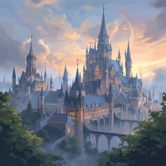 Majestic Gothic castle complex bathed in the warm glow of a sunset, with misty valleys and lush green trees in the foreground. © blu