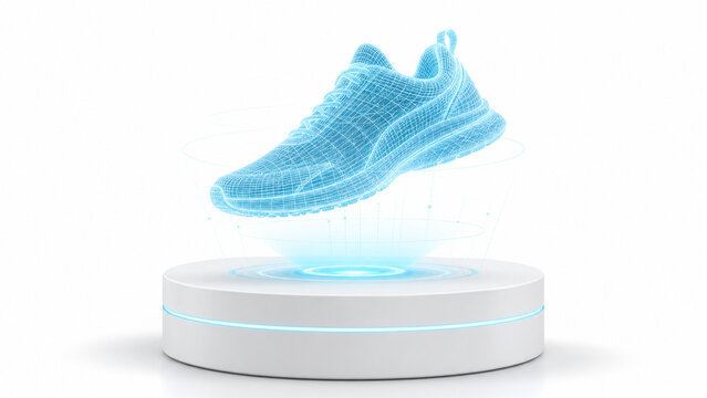 A running shoe is shown as a 3D hologram. It floats above a round base that has a light ring. The design has a grid pattern and emits a soft glow. The presentation highlights its features.