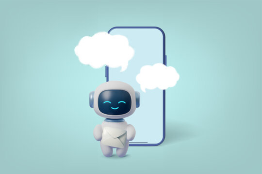 Robot phone chatbot with 3d speech and button text chat. Ui effect mockup with character robot avatar and box bot messenger. Card circle robot with campaign comment 3d and phone frame speech