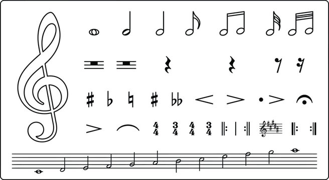 Music notation symbols and treble clef musical notes