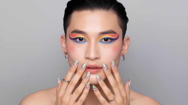 Portrait of an androgynous man with vibrant rainbow eyeshadow and glitter nails for pride