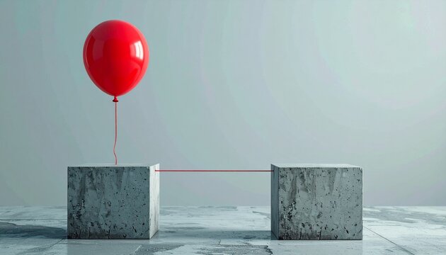 A red balloon connected by a string to two concrete blocks, symbolizing connection and communication