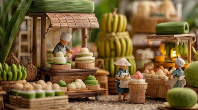 Create a premium macro diorama photography scene in a balanced 2x2 matrix inspired by Thai snack culture. Panel 1 coconut pancake dessert stand, Panel 2 sticky rice grilled banana vendor, Panel 3 taro