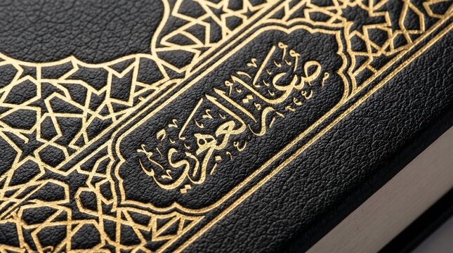 Intricate Islamic Calligraphy Gold Pattern on Dark Textured Fabric Background Close-Up