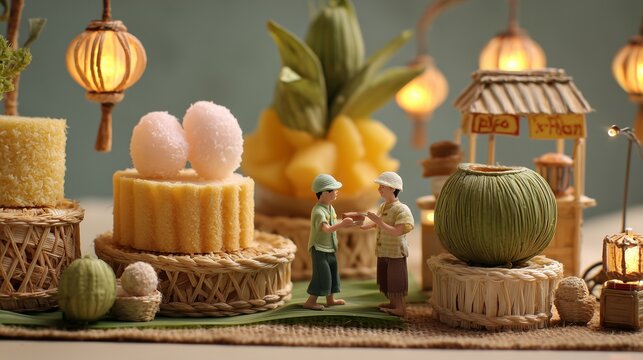 Create a professional macro diorama photograph in a 2x2 layout inspired by Thai street desserts. Panel 1 coconut custard tart, Panel 2 shaved ice market, Panel 3 sesame rice sweets, Panel 4 mango dess