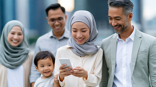 Eine muslimische Familie mit Eltern, Kind und einer Frau mit Kopftuch l&auml;chelt gemeinsam in die Kamera im Freien