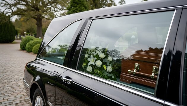 Wooden casket and white flower arrangement visible through a black funeral hearse window parked at a cemetery driveway for a solemn memorial service and mourning concept