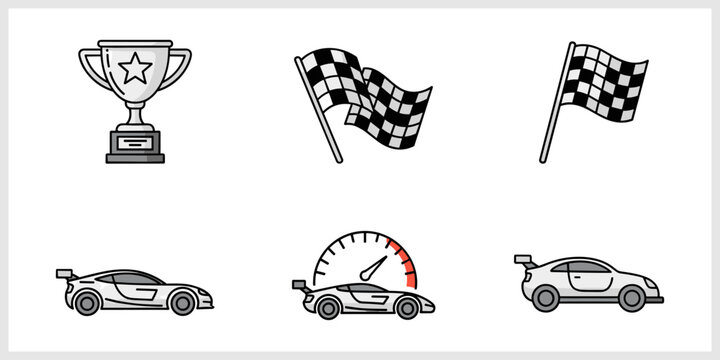 Racing Icons Trophy Checkered Flags Sports Cars and Speedometer