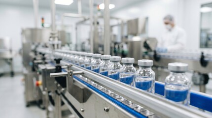 Fototapeta premium Pharmaceutical manufacturing line with glass vials filled with blue liquid on a conveyor belt