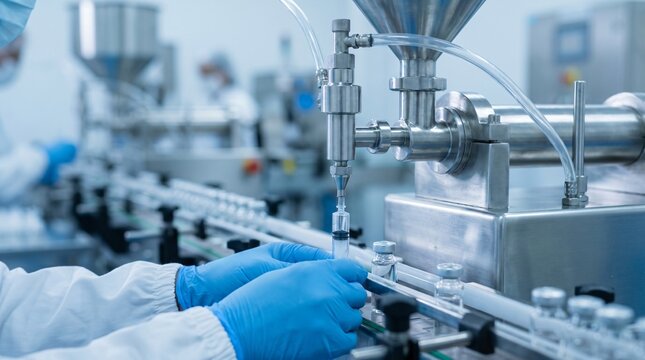 Pharmaceutical manufacturing line with sterile vials being filled by automated machinery under controlled conditions