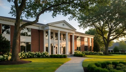 Fototapeta premium Elegant brick funeral home exterior building with grand white columns and green manicured lawn at sunset for memorial service planning concept