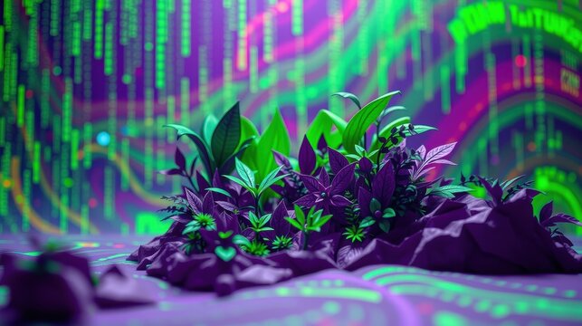 Plants grow from purple rocks. Background shows digital data streams, charts, futuristic elements. Vibrant colors dominate scene.