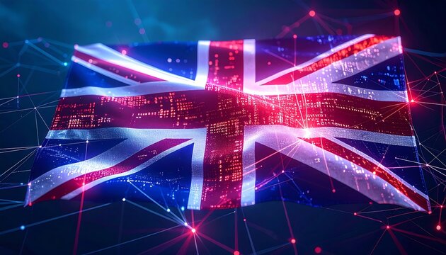 Union Jack flag with futuristic neon lines and glowing nodes, technology integration, illuminated against a dark background