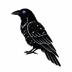 Fototapeta premium A mystical raven perches on a branch surrounded by stars at night.