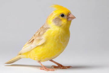 Obraz premium Bright yellow crested canary isolated on clean white backdrop, studio photograph