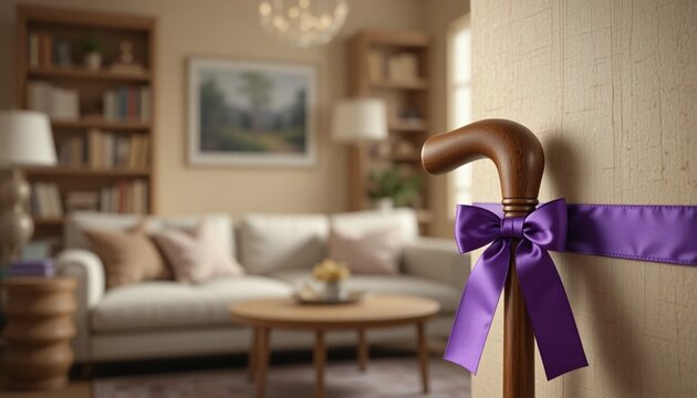World Elder Abuse Awareness Day concept featuring walking cane with purple ribbon symbolizing dignity support protection senior care and awareness