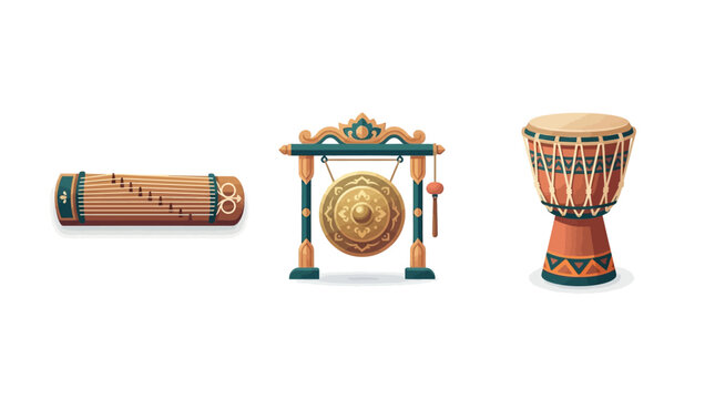 A modern flat vector icon set featuring stylized traditional musical instruments including a minimalist Koto zither, a sleek Balinese gamelan gong, and a modernised African djembe drum on a