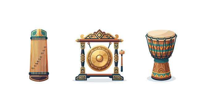 A modern flat vector icon set featuring stylized traditional musical instruments including a minimalist Koto zither, a sleek Balinese gamelan gong, and a modernised African djembe drum on a