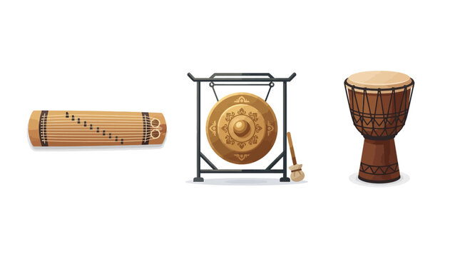 A modern flat vector icon set featuring stylized traditional musical instruments, including a minimalist Koto zither, a sleek Balinese gamelan gong, and a modernized African djembe drum on