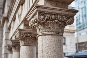 Obraz premium Close-up of four stone pillars on a civic education building facade, ornate capitals and weathered texture