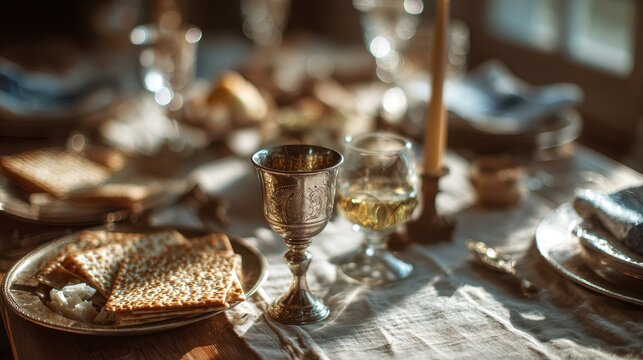 Ceremonial Passover table with symbolic foods and linen tablecloth, candlelight glow