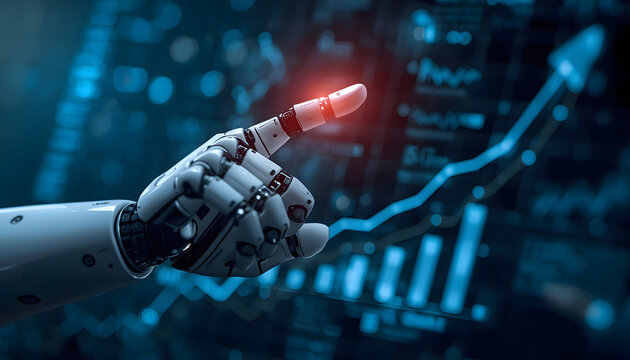 Robotic hand touching glowing red graph on futuristic screen
