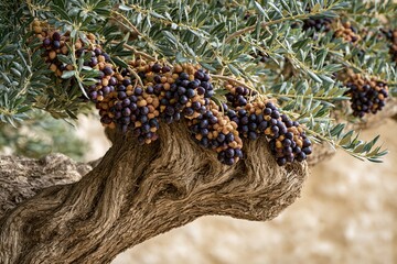 Fototapeta premium Close-up of ripe dark purple olives growing on a gnarled, ancient olive tree branch with green leaves.