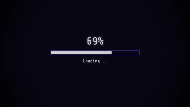 Digital loading bar animation with cyberpunk glitch effects finishing on a Merry Christmas greeting, futuristic system progress screen 4k video