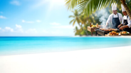 Fototapeta premium Chefs cooking barbecue on a sunny tropical beach