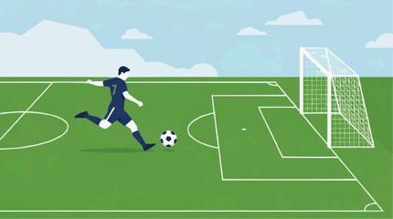 Fototapeta premium Male Soccer Player Kicking Ball Towards Goal on Green Field, Capturing the Excitement of a Sport Match