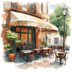 Fototapeta premium Charming European cafe with outdoor seating and awning on a sunny day.