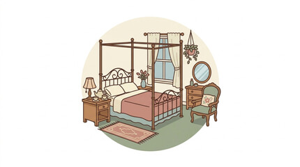 Fototapeta premium Cozy Bedroom Interior With Four Poster Bed And Vintage Furniture.