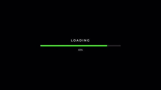 Cyberpunk computer loading screen with green progress bar and digital glitch artifacts, futuristic data processing animation 4k video