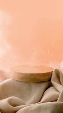 Wooden podium on beige linen fabric with steam smoke vapor from diffuser on warm background for cosmetic product display vertical seamless loop