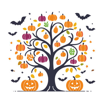 Halloween tree with pumpkins and bats