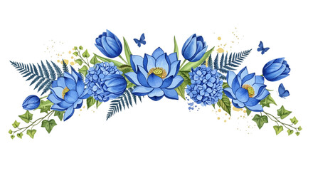 Fototapeta premium Watercolor floral arrangement of blue flowers and green leaves on white
