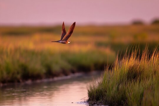 Common nighthawk in flight over salt marsh at the East End of Galveston Island during golden hour