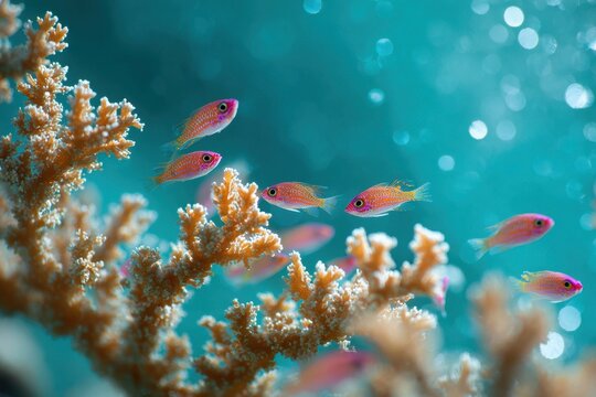 Close-up of tiny reef fish among colorful coral and shimmering light in clear blue water