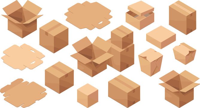 Cardboard box isometric set with open closed flat unfolded container package food take away and delivery vector illustration