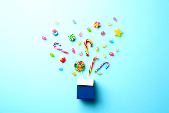Bright colorful candies and lollipops exploding out of a blue gift box on teal background