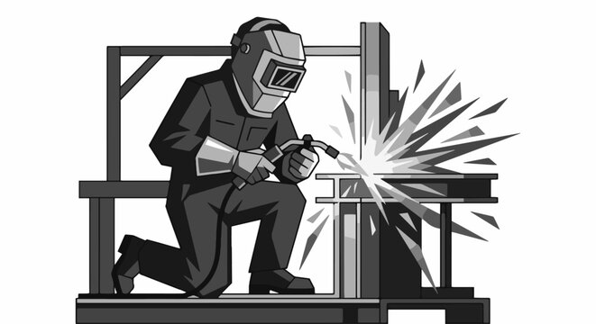 Minimalist flat vector illustration of a welder in a geometric style, featuring sharp triangular sparks and a simplified helmet shape,
