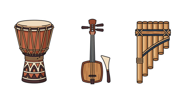 Flat vector icon set of traditional musical instruments, including an African djembe drum, Japanese shamisen, and Andean pan flute, isolated on a solid white background with clean vector